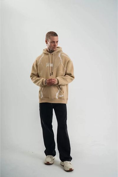 İpeksi Silky Double Oversize Hooded Lightning Panel Printed Sweatshirt - Beige