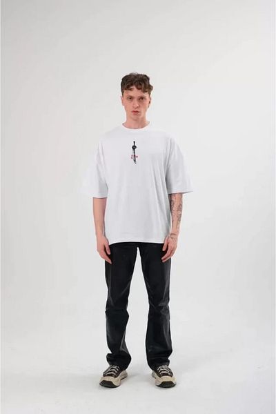JANES Λευκό μπλουζάκι Unisex Oversize με στάμπα με λαιμόκοψη