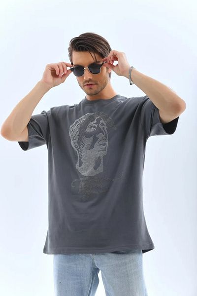 Kokosh moda Καπνιστό Unisex Oversize Μπλουζάκι με Λεπτομέρεια από Πέτρα με λαιμόκοψη