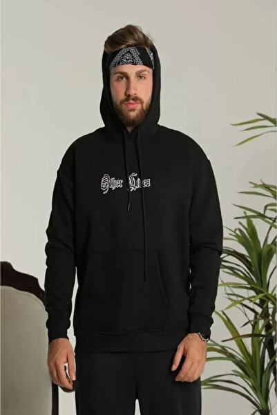 LUMİART Eyesof Men's Back Printed Oversize Three Thread Hooded Sweatshirt - Black