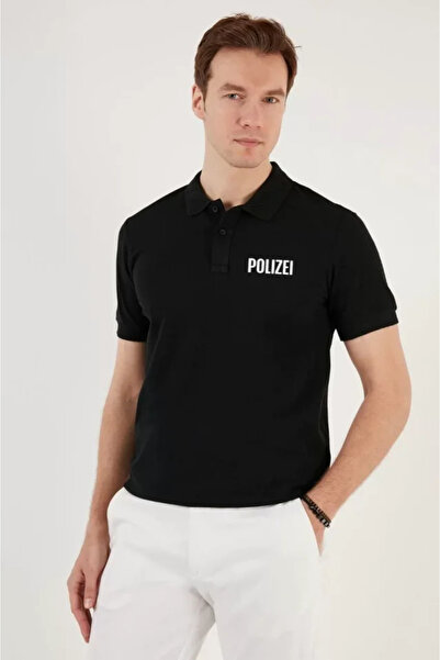buğrahayalin Pique Printed T-Shirt with Button Collar - Black
