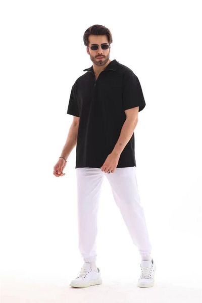 COTTONLAB Unisex Μπλουζάκι με μισό φερμουάρ ίσιο oversize - Μαύρο