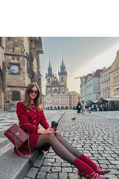 K-ODEA BUTİK K-odea BORDO Zlatý pletený plisovaný kardiganový sukňový kostým