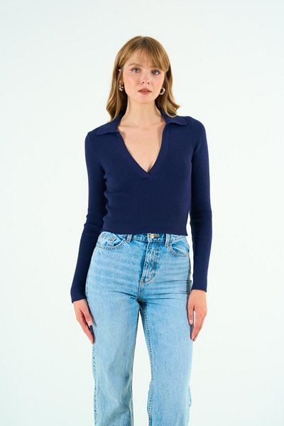 Qu Style Pulover cu guler polo Fashion Wanilia - Bleumarin