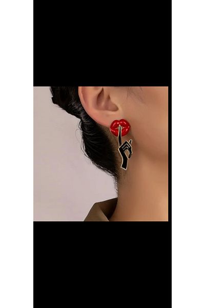 Enjoy Red Lip and Shh Sign Silence Themed Earrings Unusual Design