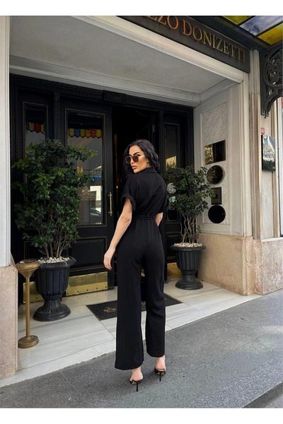 modaserdem Linen Jumpsuit with Waist Tie Detail - Black