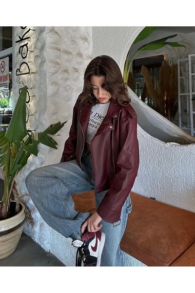 GALAVİP Oversize Crop Leather Jacket with Belt