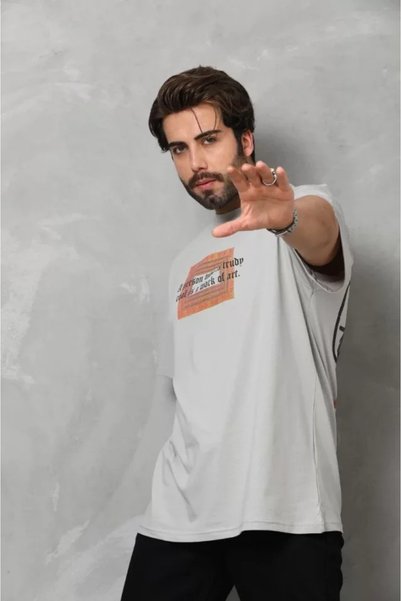 pazarella Unisex Crew Neck Printed Oversize T-Shirt - Gray