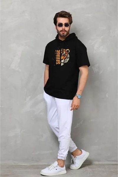 JANES Tricou cu mânecă scurtă cu glugă unisex cu imprimeu supradimensionat - negru