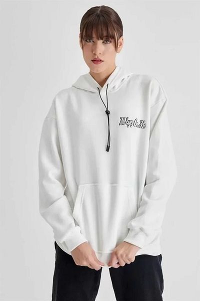 MD Kumsal Oversize White Sweatshirt with Three Thread Hood and Back Print