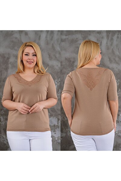 HaiModa Kadın Kazak Büyük Beden Kısa Kol V Yaka Yaka Ve Sırt Detaylı