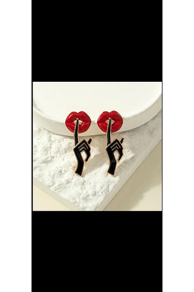 Enjoy Red Lip and Shh Sign Silence Themed Earrings Unusual Design
