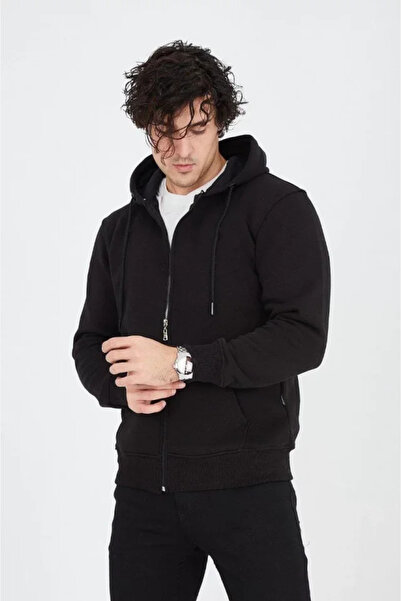 buğrahayalin Men's Hooded Plain Zippered Cardigan - Black
