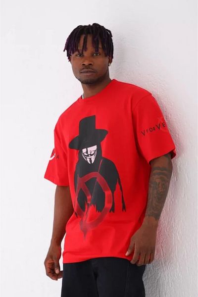 Bay Şapkacı Silky Unisex Oversize Printed Crew Neck T-Shirt - Red