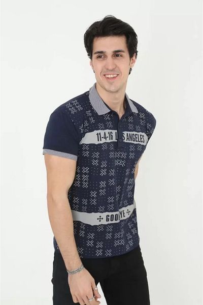 MODAVERA Men's Collared Slim Fit Printed T-Shirt - Navy Blue
