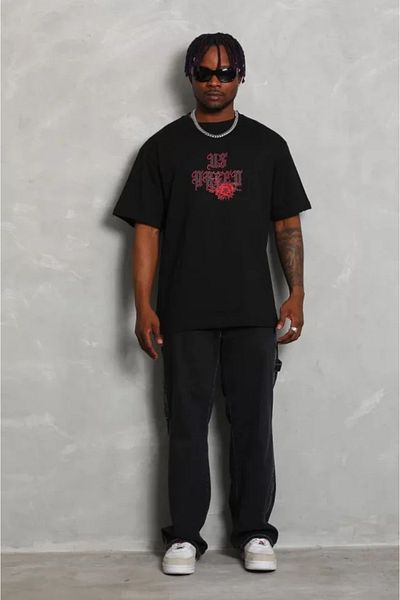 COTTONLAB Unisex Oversize εμπριμέ μπλουζάκι με λαιμόκοψη - Μαύρο