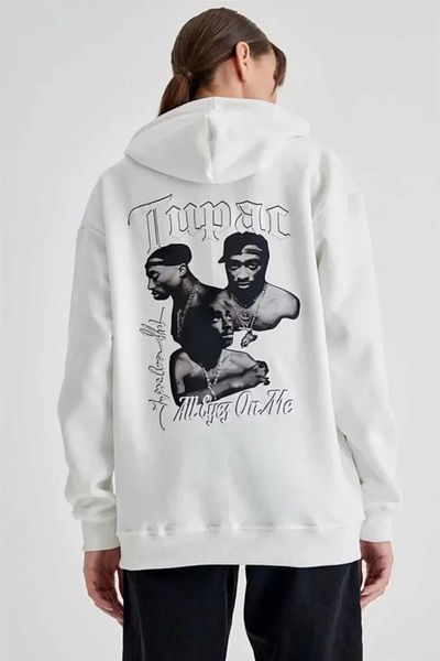 MD Kumsal Oversize White Sweatshirt with Three Thread Hood and Back Print