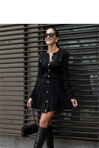 K-ODEA BUTİK Black Gold Buttoned Knitwear Pleated Cardigan Skirt Suit Suitable for Size Xs-S-M Dress