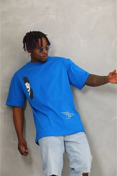 MODAVERA Unisex Oversize Printed Crew Neck T-Shirt - Blue