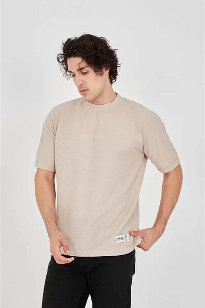 Viyamo Μπλουζάκι με άνετο μανίκι σε μπεζ Unisex ύφασμα βάφλα