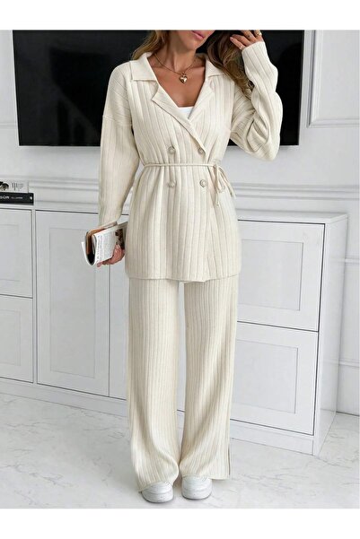 K-ODEA BUTİK Női bordás gombos kötöttáru kombó: kabát és bő nadrág