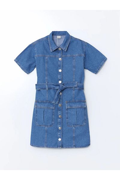 LC Waikiki Rochie cămașă de jeans pentru fete cu mânecă scurtă LCW Kids