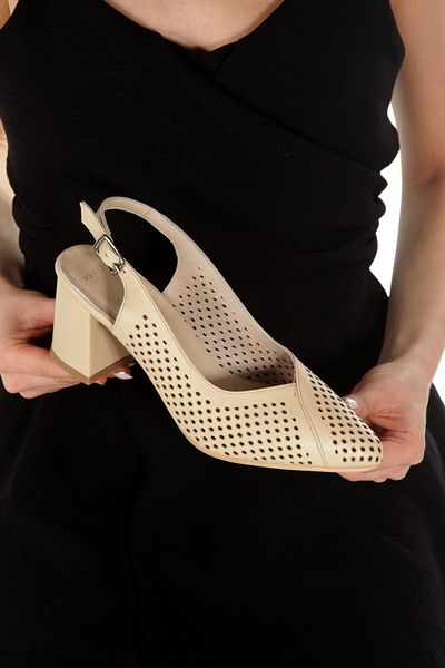 Modabuymus Kenti Beige Color Genuine Leather Stiletto Thick Heeled Summer Perforated Shoes