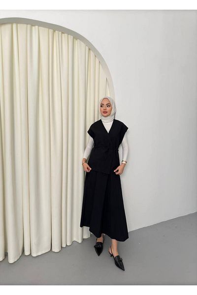 Molly Nelly Women's Linen Vest Skirt Black Oversize Set