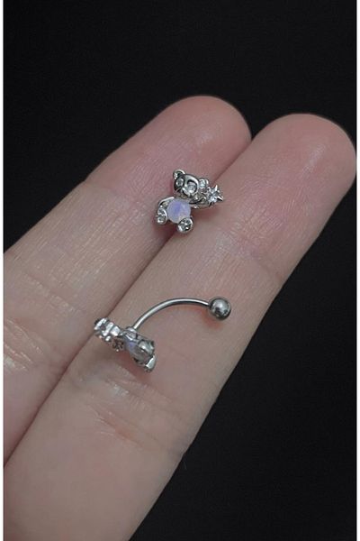 Blisse Piercing Women's Bear Figured Blue Zircon Stone Rook and Eyebrow Steel Piercing