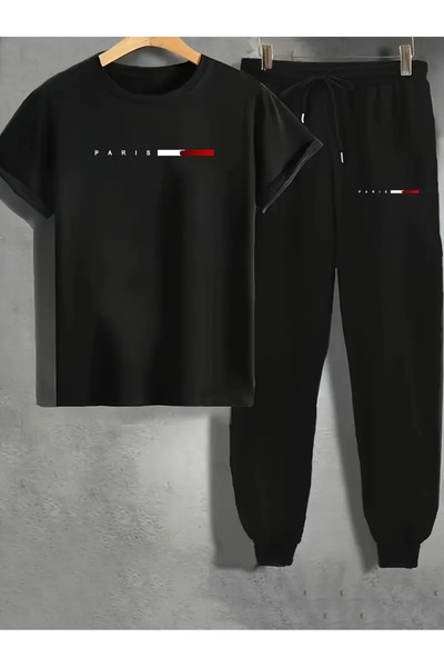 LAND MODA Paris Letter Drawing Printed Two-Piece Set for Men New Summer Trend...