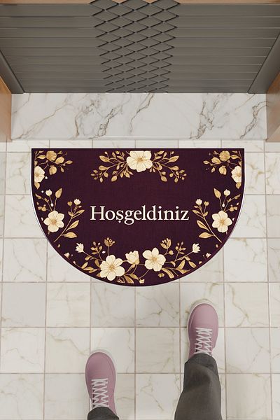 Rugmood Modern Digital Doormat Maroon Floral Half Moon Doormat - Front Door Mat