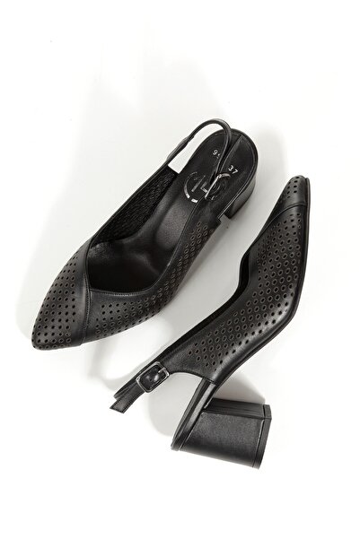 Modabuymus Kenti Black Genuine Leather Stiletto Thick Heeled Summer Perforated Shoes