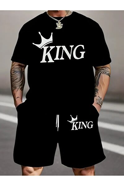 LAND MODA Σετ ανδρικών μπλουζών και σορτς μόδας με στοιχεία γραμμάτων τρισδιά...