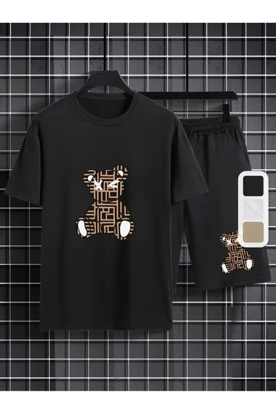 LAND MODA طقم ملابس كاجوال للرجال مكون من قطعتين مطبوع عليه CUTE BEAR، تي شير...