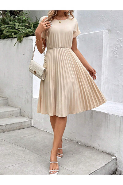 Masspera Eteği Pliseli Kısa Kollu Midi Boy İthal Krep Abiye Elbise
