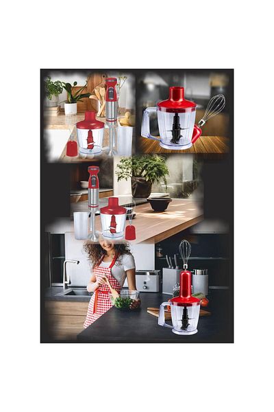 Hausberg Profesionální tyčový mixér, HB-7700RS, 4 v 1, 1000ml hrnek, metla, sekáček, výkon 1000 W, červený