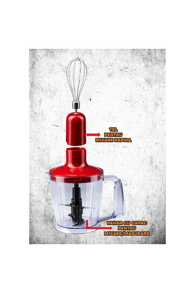 Hausberg Profesionální tyčový mixér, HB-7700RS, 4 v 1, 1000ml hrnek, metla, sekáček, výkon 1000 W, červený