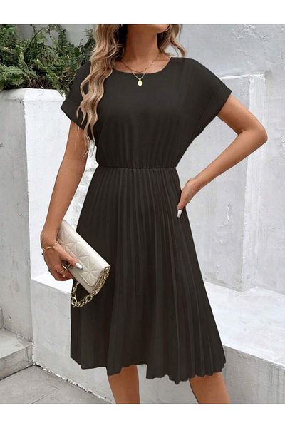 Masspera Short Sleeve Midi Length Imported Crepe Evening Dress with Pleated Skirt