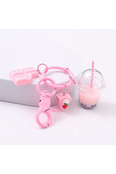 Fivy حقيبة ساحرة بلون الشوكولاتة الوردية الناعمة، فطيرة الفراولة وتفاصيل شاي الفقاعات، سلسلة مفاتيح