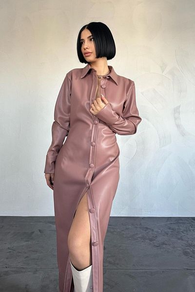 MRA Fashion Powder Length Button Leather Dress