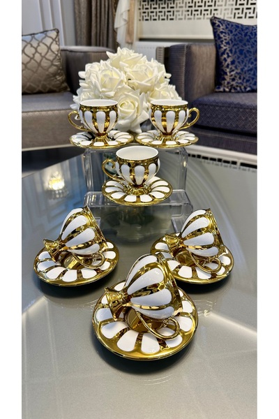 Vakıf home ACAR KARİUS Porselen Ayaklı Gold Kahve Fincan Takımı 6 Kişilik