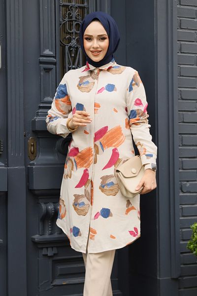 Neva Style Tunica din viscoza hijab bej cu model 11729BEJ