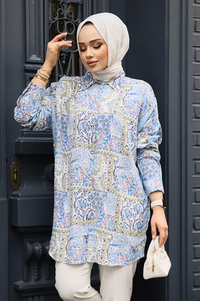 Neva Style منقوشة ساكس الأزرق الحجاب تونك 20410SX