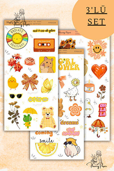 Flowery Paper 3'lü Turuncu/Sarı Aesthetic Sticker Sayfası -39 adet, Defter,aj...