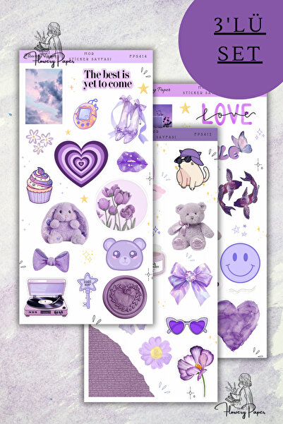 Flowery Paper 3'lü Mor Aesthetic  Sticker Sayfası - 39 adet, Defter,ajanda ,j...