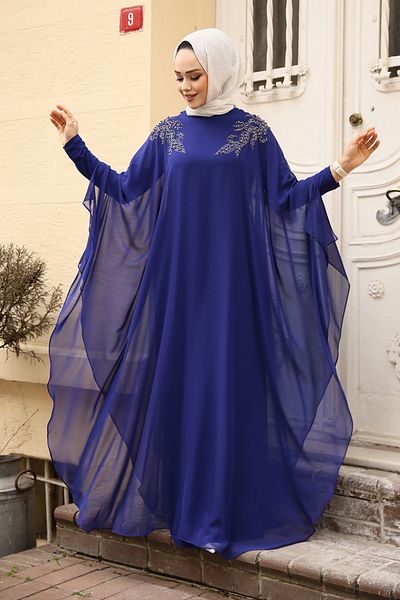Neva Style Poncho Detailed Sax Blue Hijab Abaya Dress 25908Sx