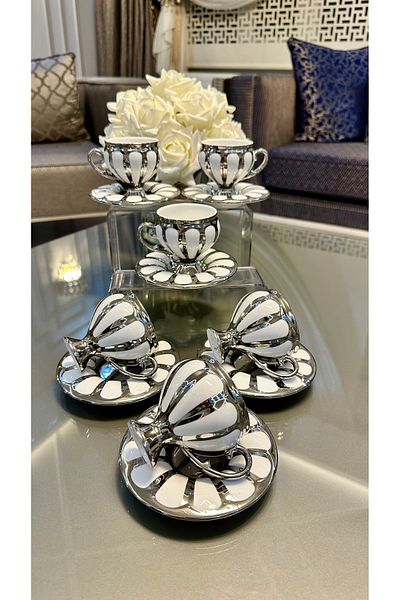 Vakıf home Acar Karius Silver Color Porcelain Footed Coffee Cup Set