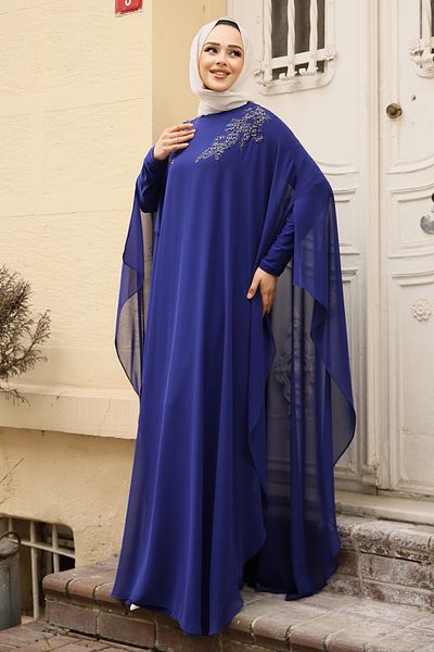 Neva Style Poncho Detailed Sax Blue Hijab Abaya Dress 25908Sx