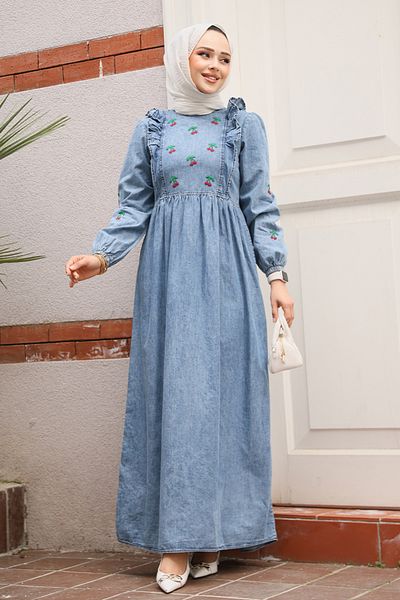 Neva Style Rochie din denim hijab albastru închis cu model cireșe 19146KM