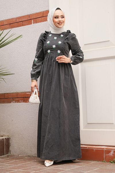 Neva Style Floral Patterned Anthracite Hijab Denim Dress 19145Ant